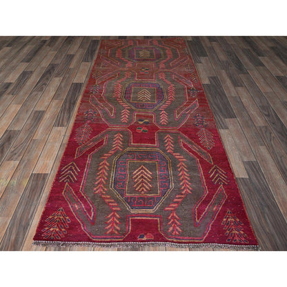 3'X7'7" Red Overdyed Vintage Northwest Zoroastrian Hand Knotted Runner Rug