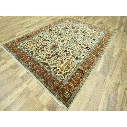 7'10"X10'3" Linen White Heris All Over Design Hand Knotted 100% Wool Rug