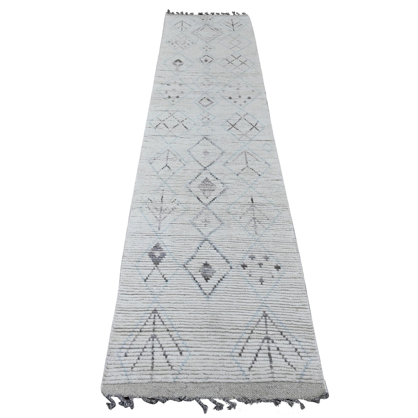 2'5"X10'6" White Geometric Moroccan Weave Wool Hand Knotted Runner Rug