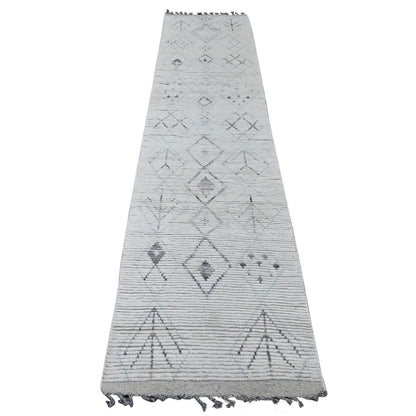 2'5"X10'6" White Geometric Moroccan Weave Wool Hand Knotted Runner Rug