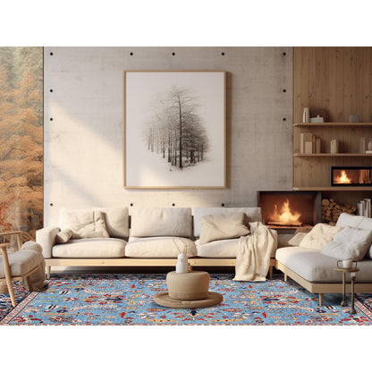 9'2"X11'8" Blue Peshawar With Heris All Over Design Wool Hand Knotted Rug