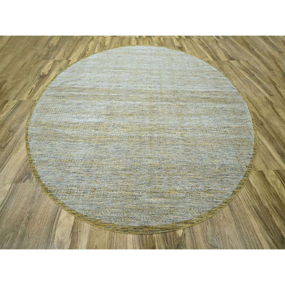 11'10"X11'10" Yellow Hand Knotted Rug Wool Distressed Grass Design Round