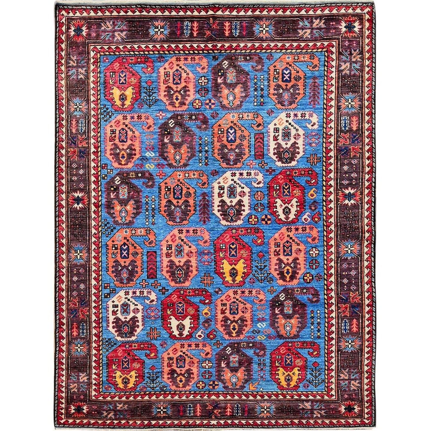 5'4"X6'8" Blue Afghan Caucasian Design Revival Hand Knotted Soft Wool Rug