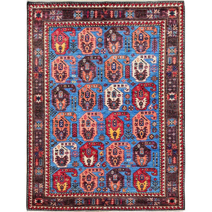 5'4"X6'8" Blue Afghan Caucasian Design Revival Hand Knotted Soft Wool Rug