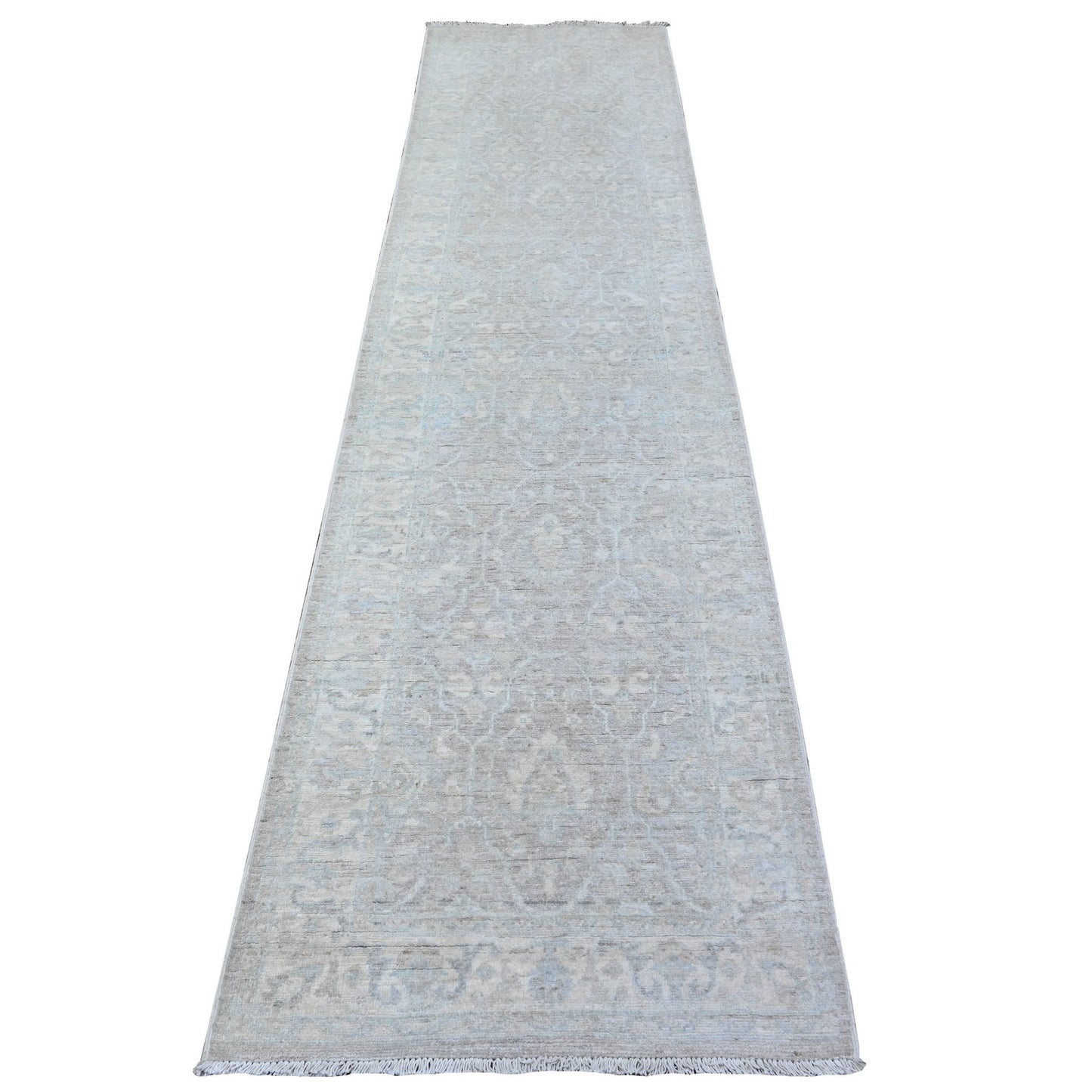 2'6"X10'3" Gray Soft Wool White Wash Peshawar Hand Knotted Runner Rug