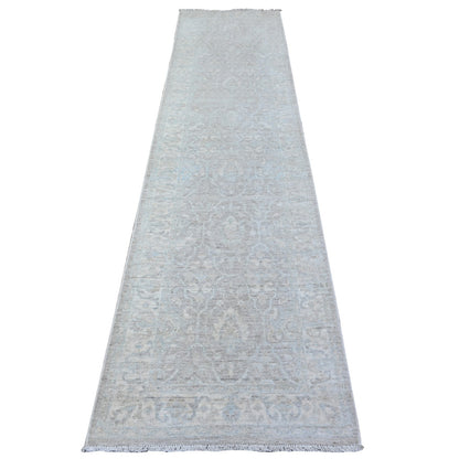 2'6"X10'3" Gray Soft Wool White Wash Peshawar Hand Knotted Runner Rug