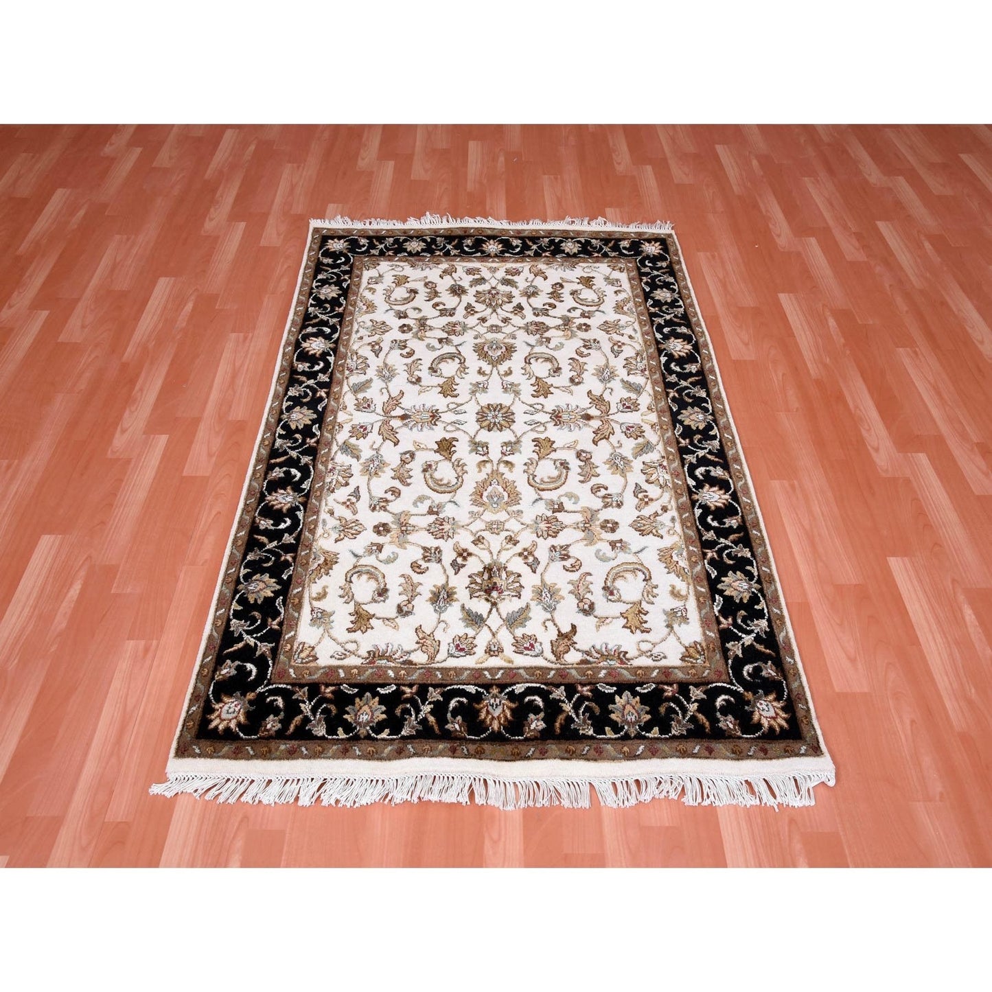 4'1"X6' Ivory, Hand Knotted, Rajasthan, Wool And Silk, Oriental, Rug