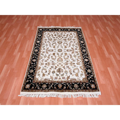 4'1"X6' Ivory, Hand Knotted, Rajasthan, Wool And Silk, Oriental, Rug