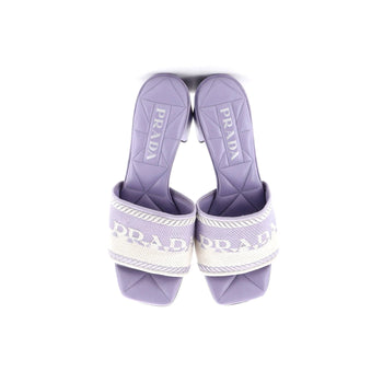 Prada Women'S Logo Block Heeled Mule Sandals Leather And Fabric