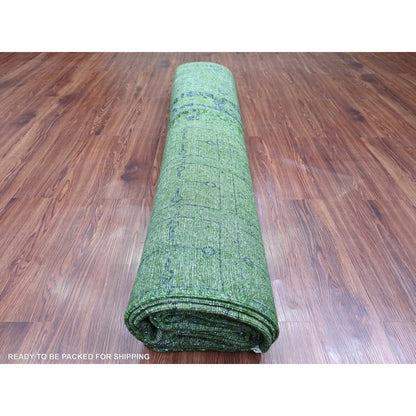 9'9"X13'8" Green Overdyed Peshawar Pazyryk Design Wool Hand Knotted Rug