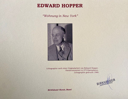 Edward Hopper Lithograph Coa Certificate Signed 'Apartment In New York'