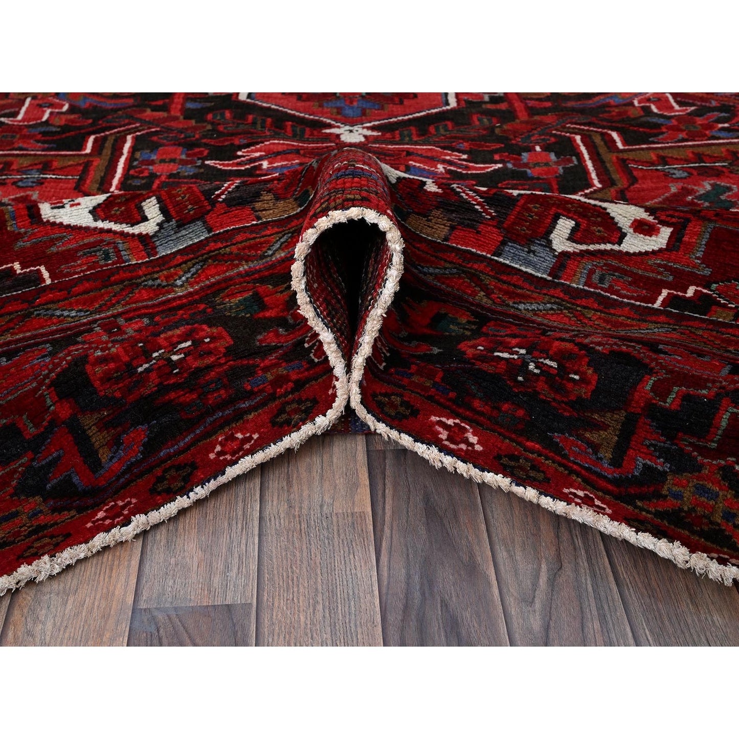 10'1"X12'7" Red Vintage Zoroastrian Heris Hand Knotted Wool Shaved Low Rug