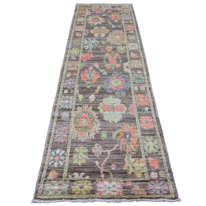 3'X9'8" Brown Angora Oushak Leaf Design Hand Knotted 100% Wool Runner Rug