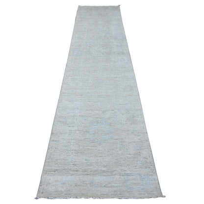 2'9"X12'1" Goose Gray Wool Weft Afghan Angora Oushak Runner Oriental Rug
