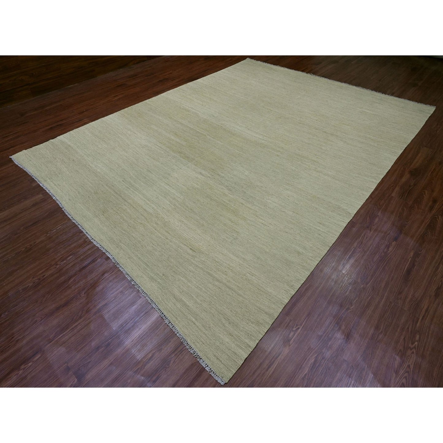 9'1"X12' Swamp Green Solid Design Hand Woven Afghan Hand Spun Wool Rug