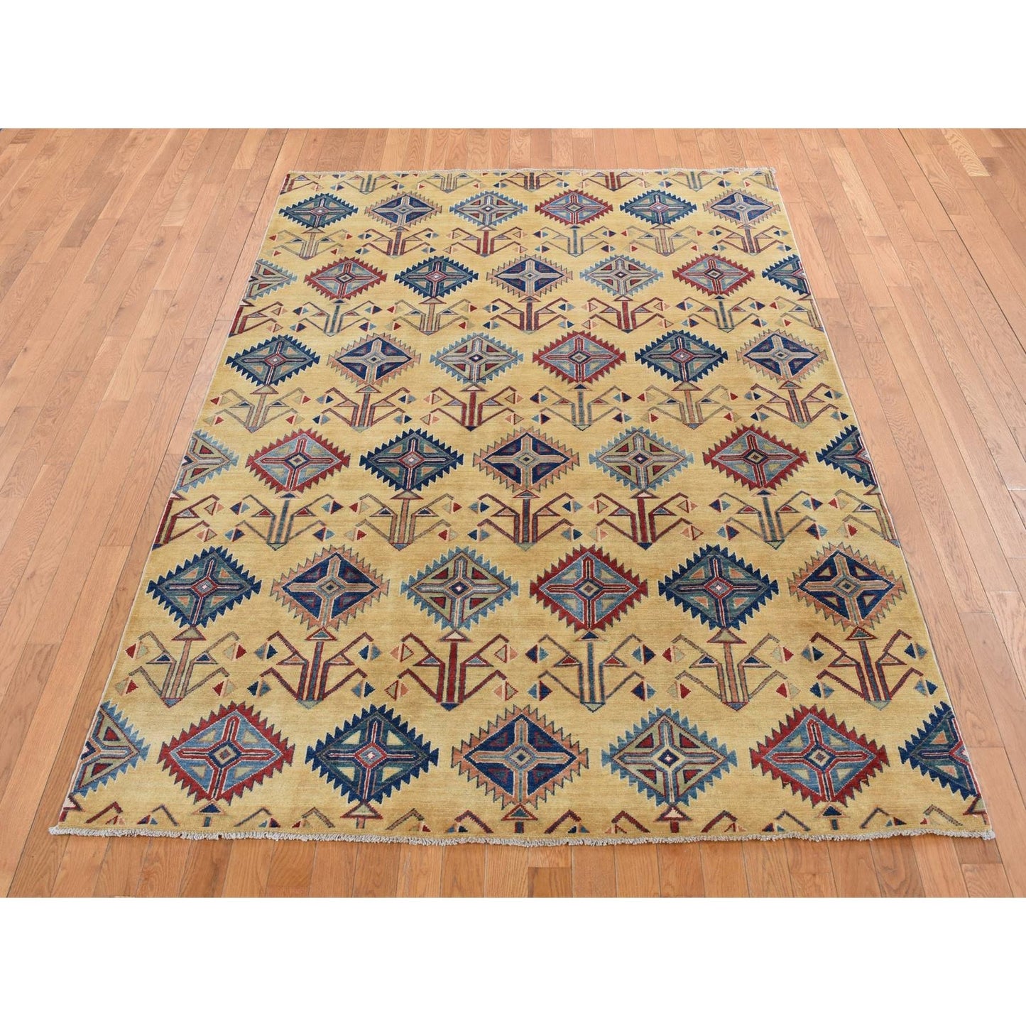 6'1"X9'1" Mellow Yellow Special Kazak Design Hand Knotted Soft Wool Rug