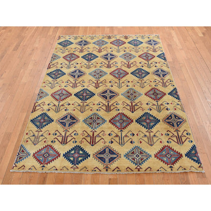6'1"X9'1" Mellow Yellow Special Kazak Design Hand Knotted Soft Wool Rug