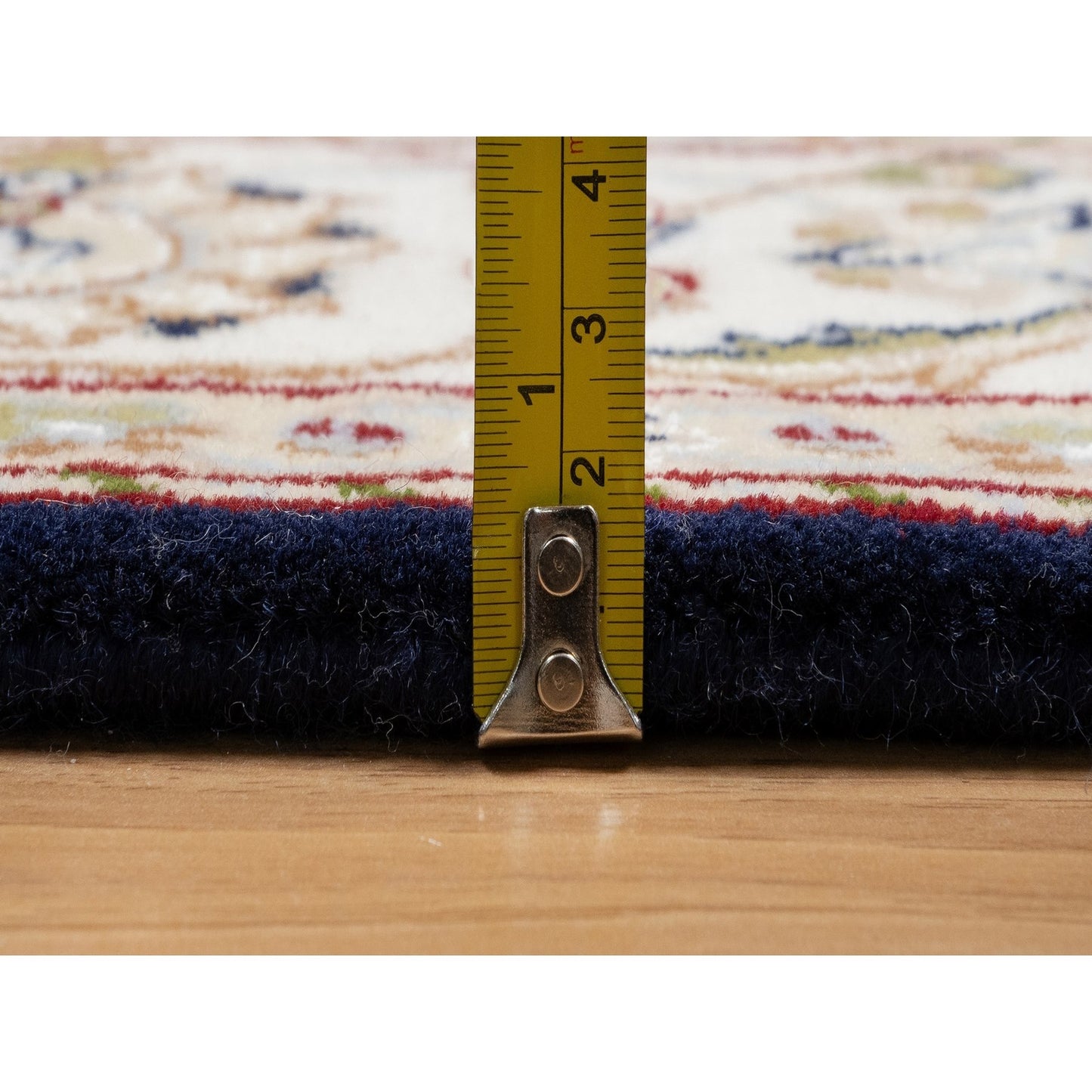 5'X5' Blue Wool And Silk Hand Knotted Nain With Flower Design Square Rug