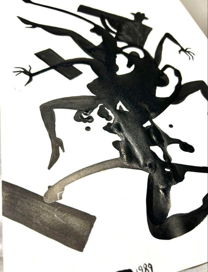 Mark Kostabi 1989 Original Painting Drawing Black Ink On Paper Signed Baggage