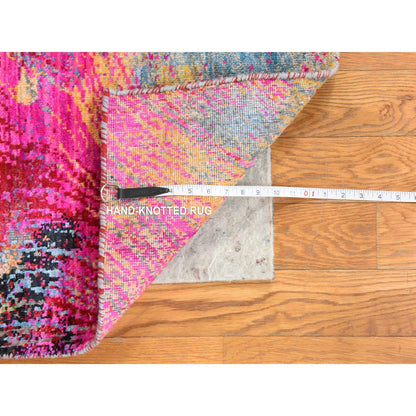 2'X3'1" Fuscia Pink Sari Silk Modern Design Hand Knotted Mat Rug