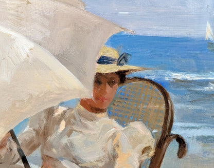 Jose A. Montalban White Parasol Original Oil Painting On Canvas Spanish Art