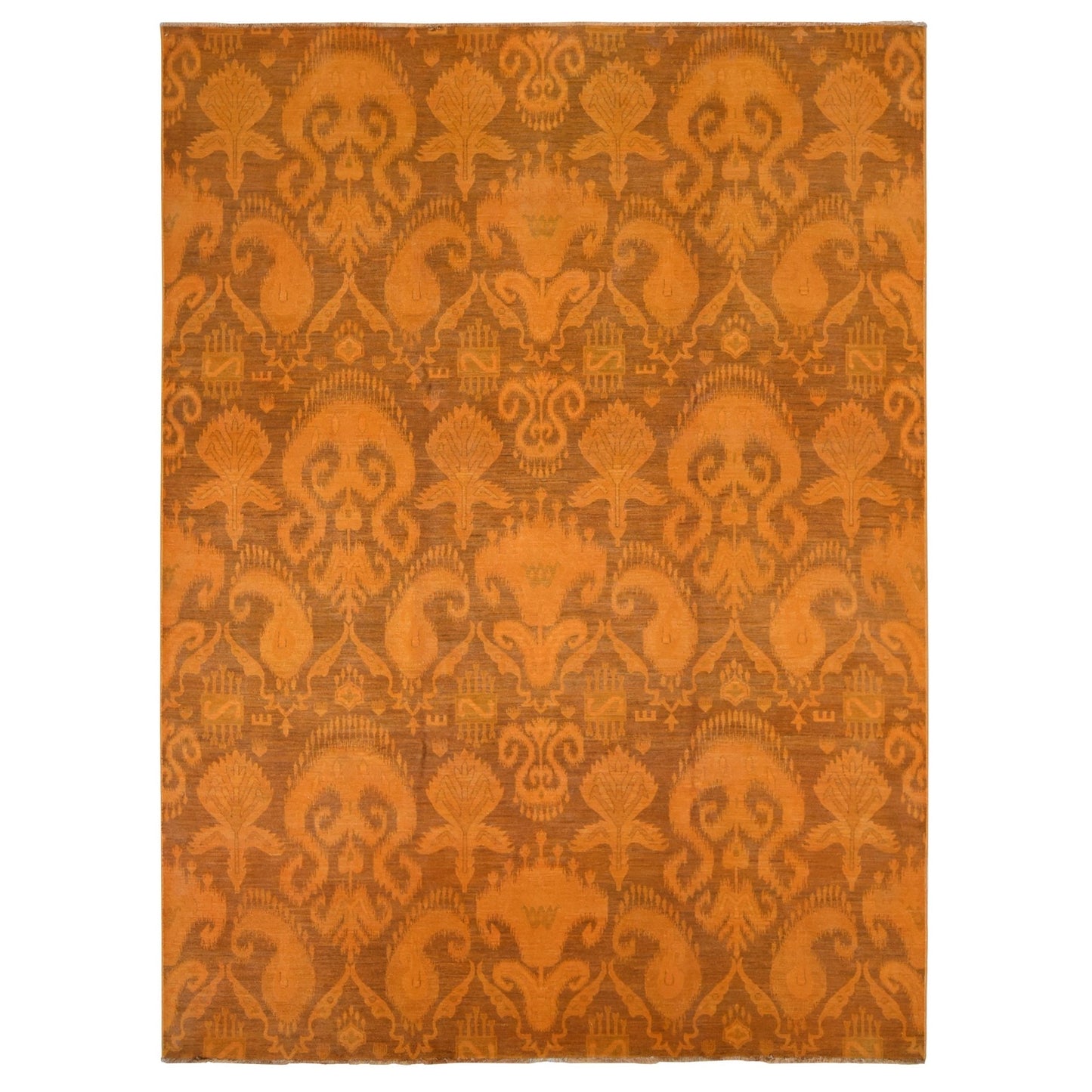 9'1"X12'3" Hand Knotted Pure Wool Orange Cast Overdyed Ikat Oriental Rug