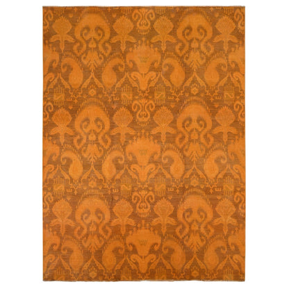 9'1"X12'3" Hand Knotted Pure Wool Orange Cast Overdyed Ikat Oriental Rug