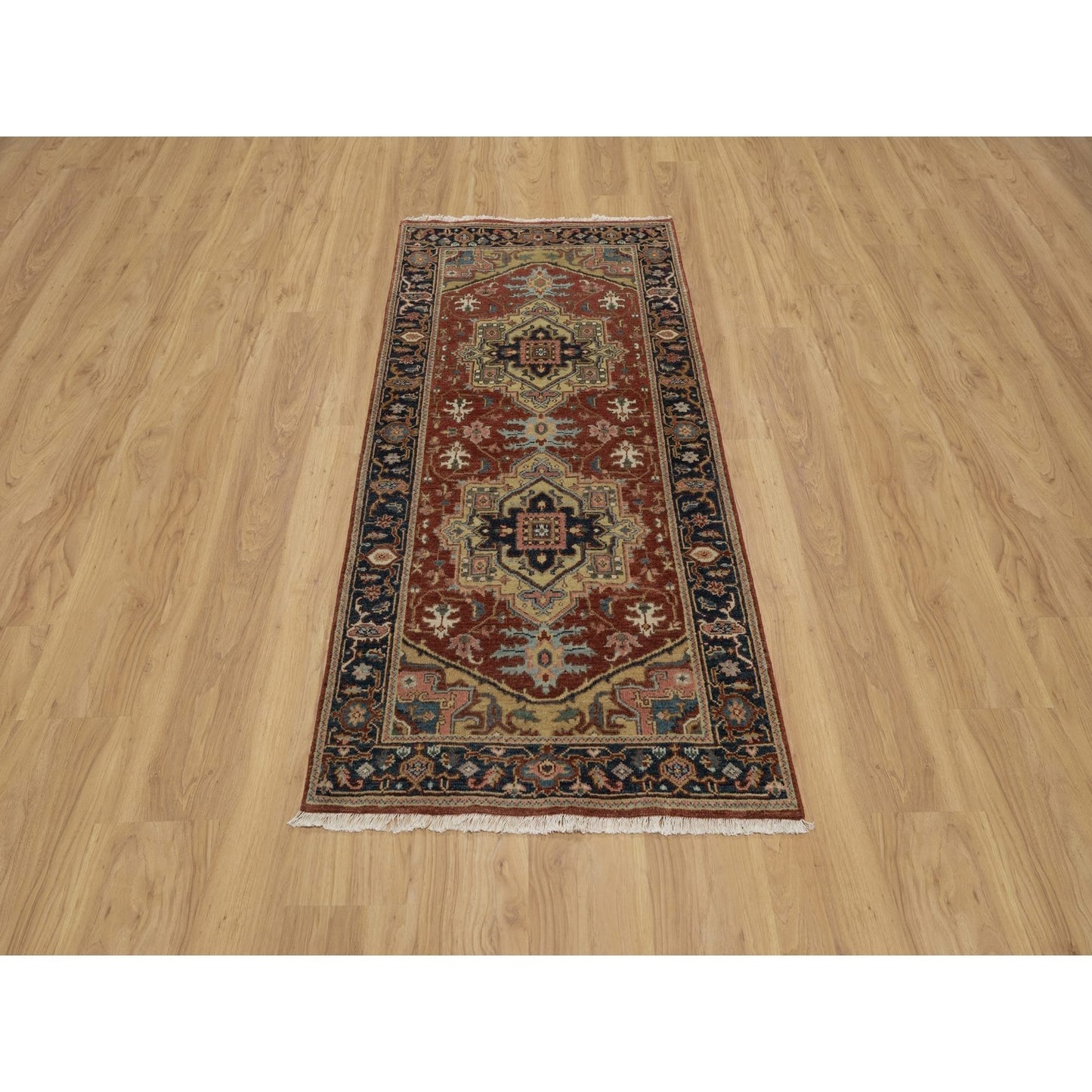 2'10"X6' Chili Red Hand Spun Wool Heris Revival Hand Knotted Runner Rug