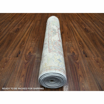 3'X11'8" Ivory Hand Knotted Afghan Angora Oushak Soft Wool Runner Rug