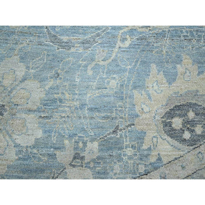 Blue Sickle Leaf Design Hand Knotted Wool Round Rug