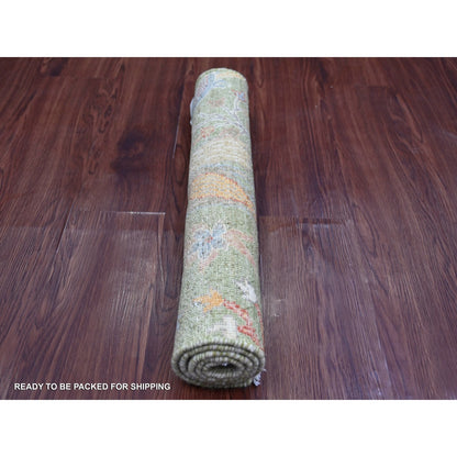 2'X3' Green Wool Rug Peshawar Birds Of Paradise Design Hand Knotted Mat