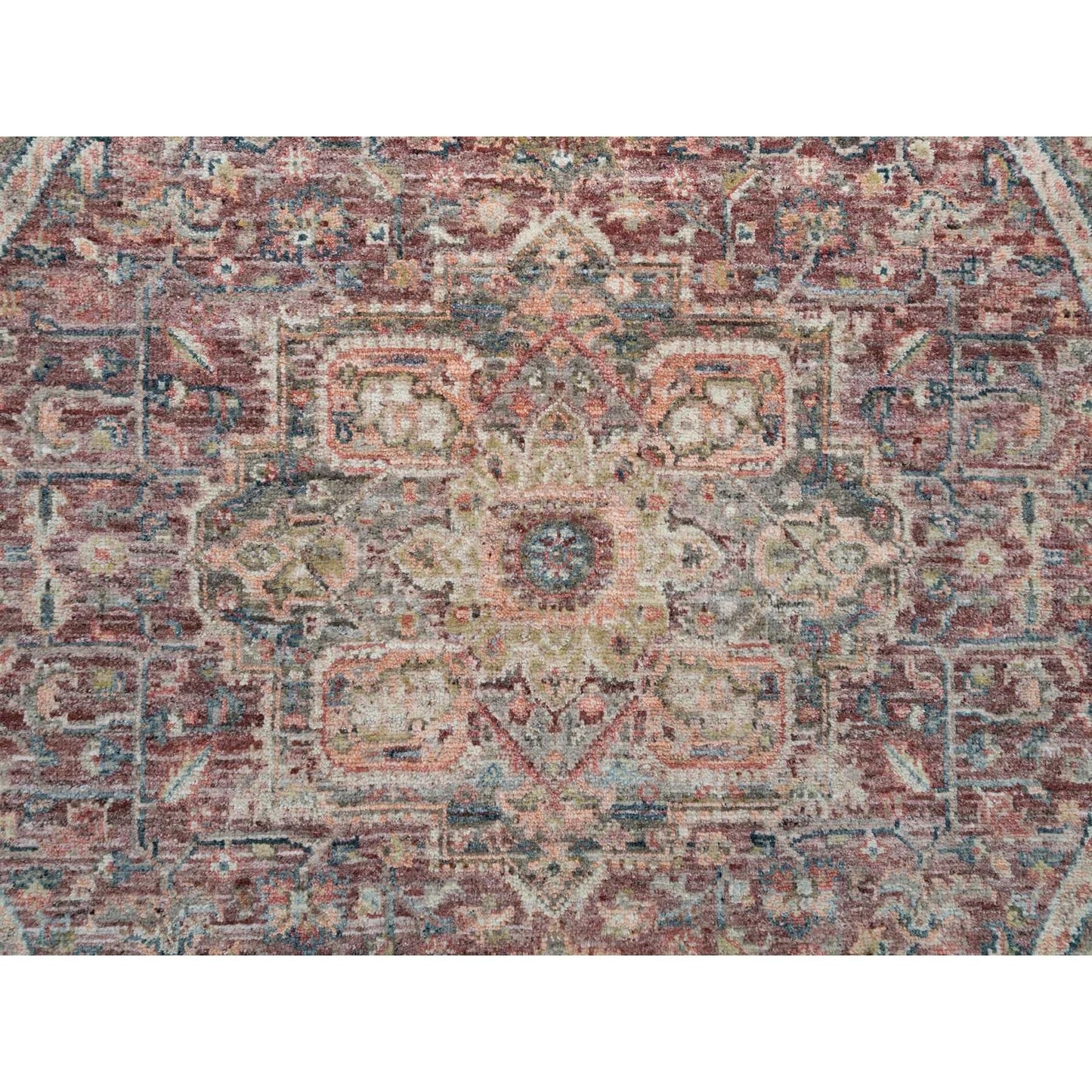 Rug 6'x6' Sangria Red Hand Knotted Pure Wool Heris Revival Round Oriental