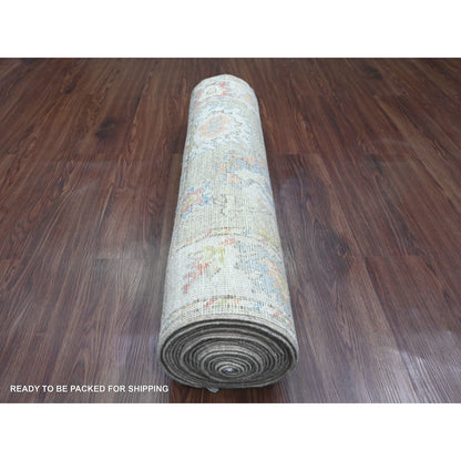 3'X19'10" Green Hand Knotted Angora Oushak Leaf Design Wool Runner Rug