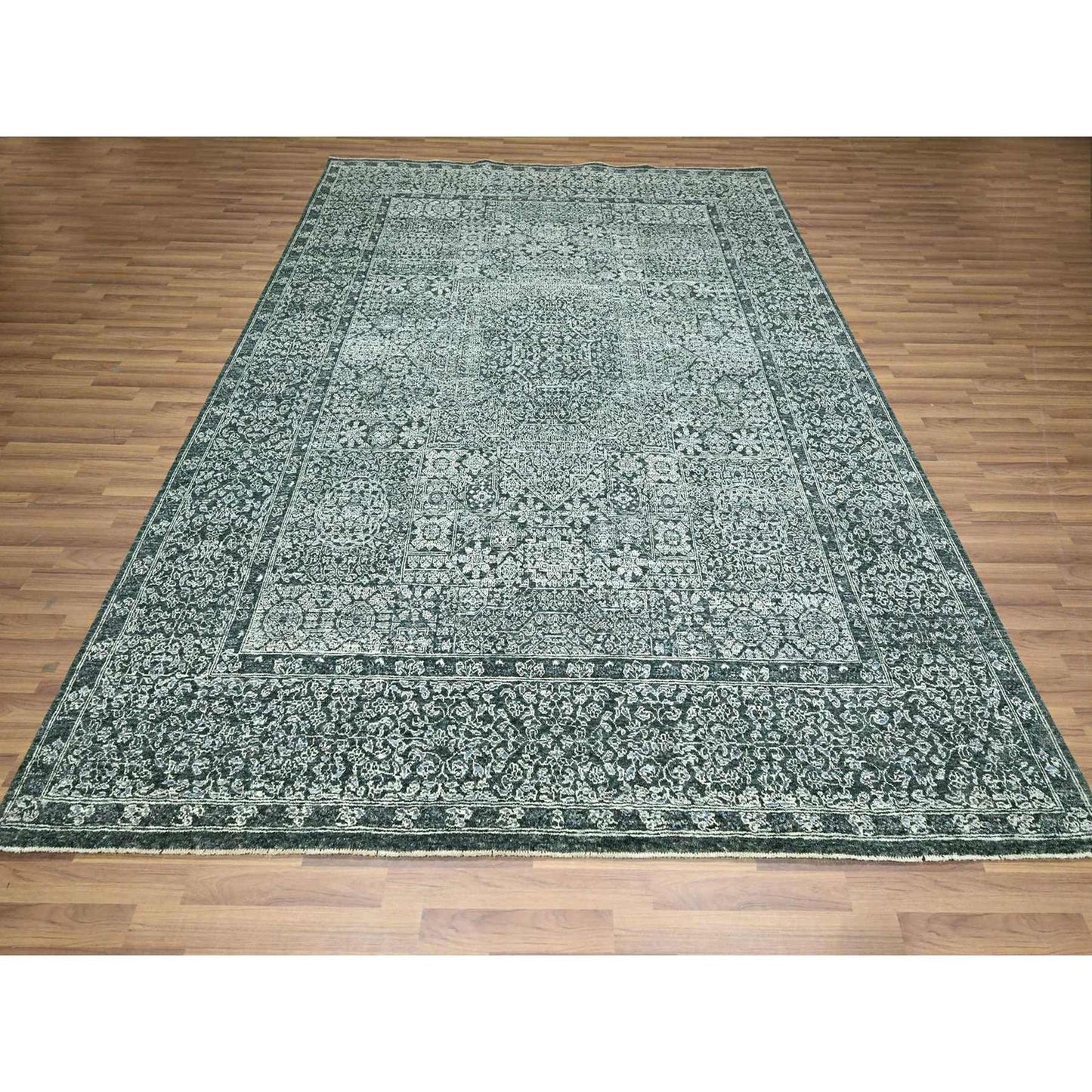 8'x10'2" Pine Green Pre Historic Mamluk Design Hand Knotted Pure Wool Rug