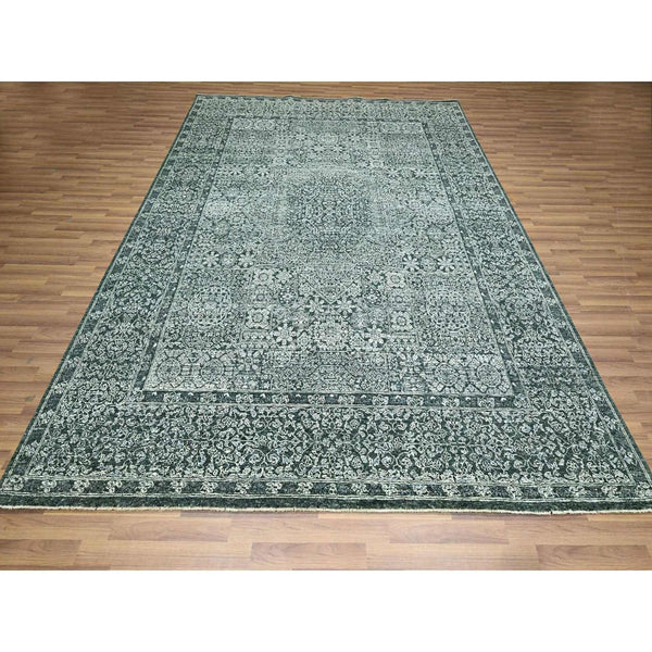 8'x10'2" Pine Green Pre Historic Mamluk Design Hand Knotted Pure Wool Rug