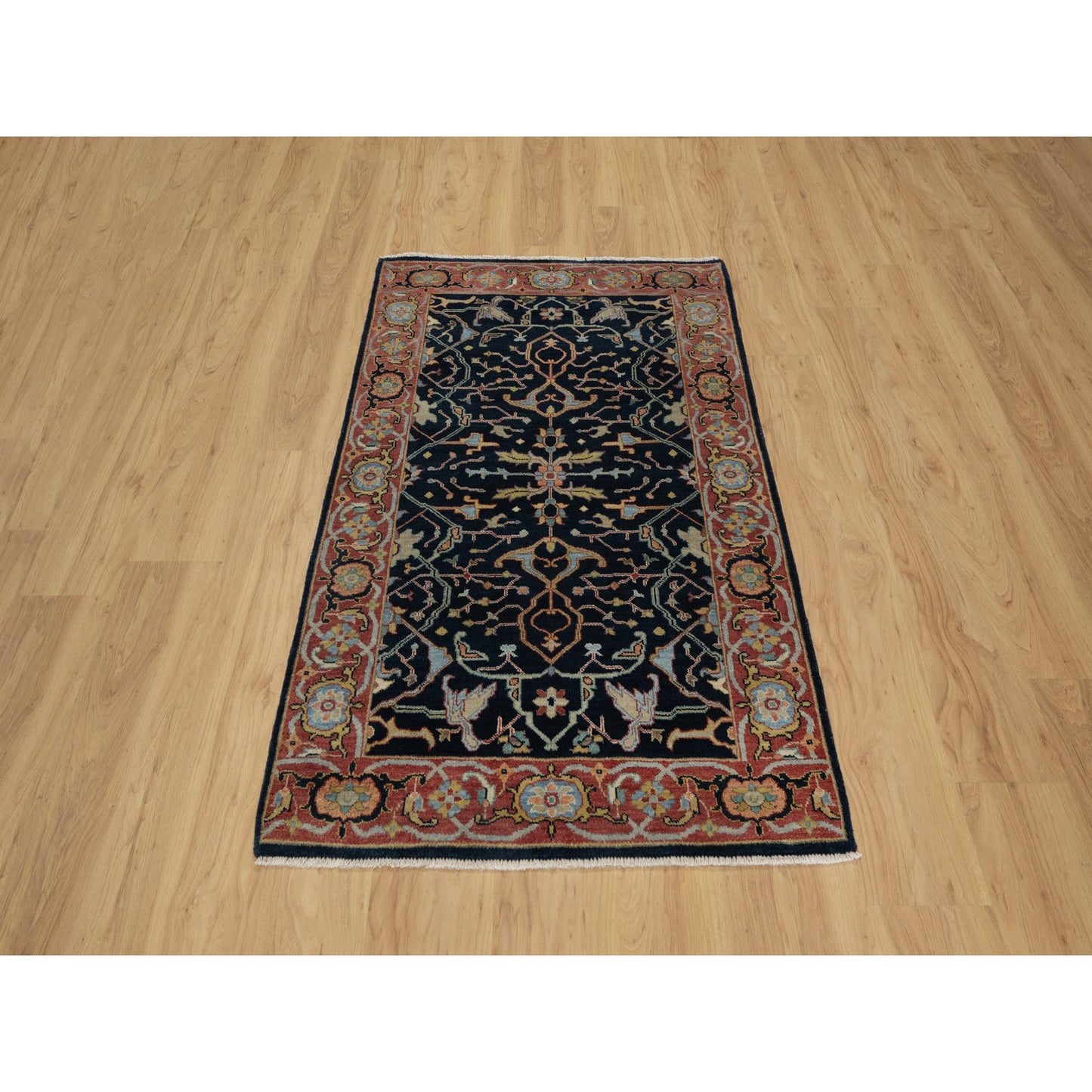 3'3"X5'3" Midnight Blue Antiqued Heris Re-Creation Hand Knotted Wool Rug