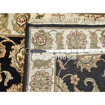 2'6"x8' Black Hand Knotted Rajasthan Leaf Design Wool and Silk Runner Rug