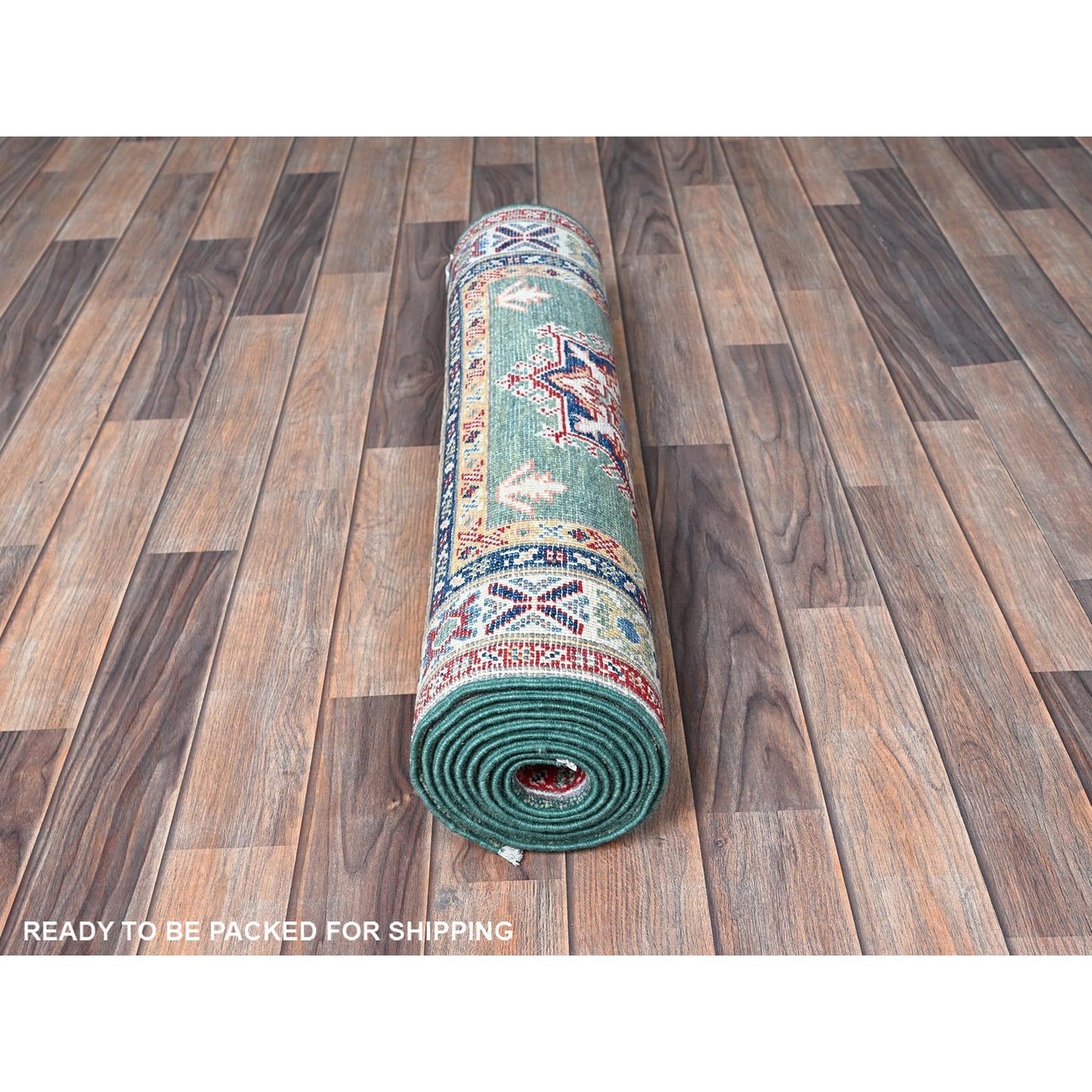 2'8"X9'10" Green Kazak Geometric Design Hand Knotted Soft Wool Runner Rug