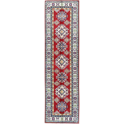 2'8"X9'6" Red Kazak With Geometric Design Hand Knotted Soft Wool Runner Rug