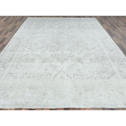 9'3"X13' Ivory Vintage Farsian Tebraz Worn Wool Hand Knotted Rug