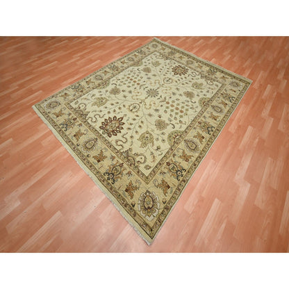 6'5"X8'1" Ivory Hand Knotted Leaf Pattern Agra Ziegler Design Wool Rug