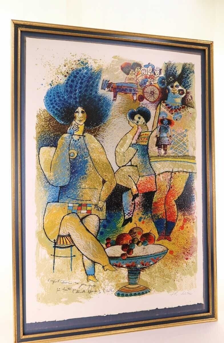 Theo Tobiasse Child Clown Original Large Lithograph Signed Modern Cubism Artwork