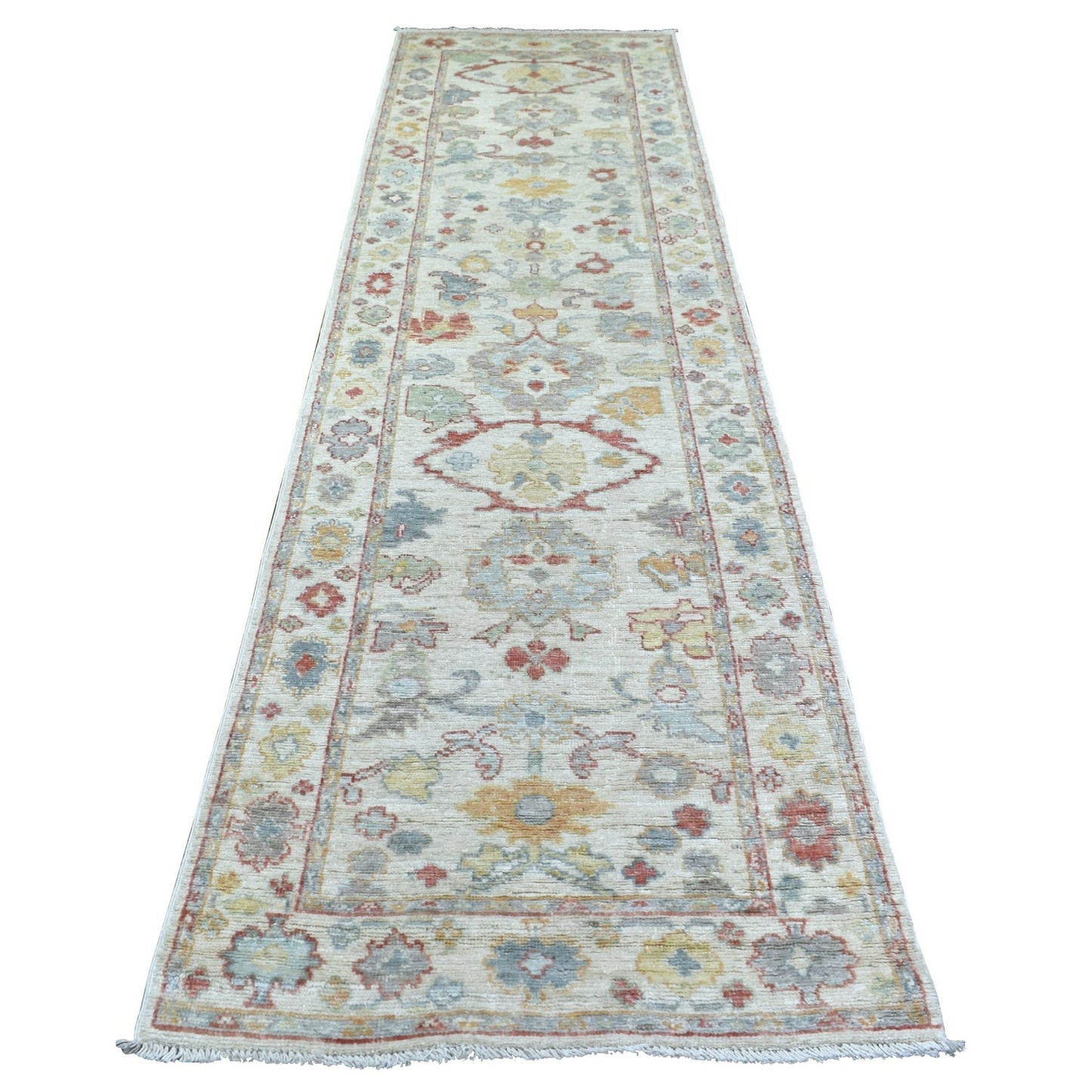 3'X11'8" Ivory Hand Knotted Afghan Angora Oushak Soft Wool Runner Rug