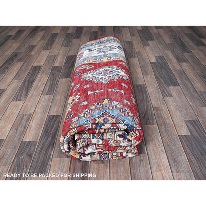 8'X11'3" Chili Red Kazak With Geometric Pattern Hand Knotted Soft Wool Rug
