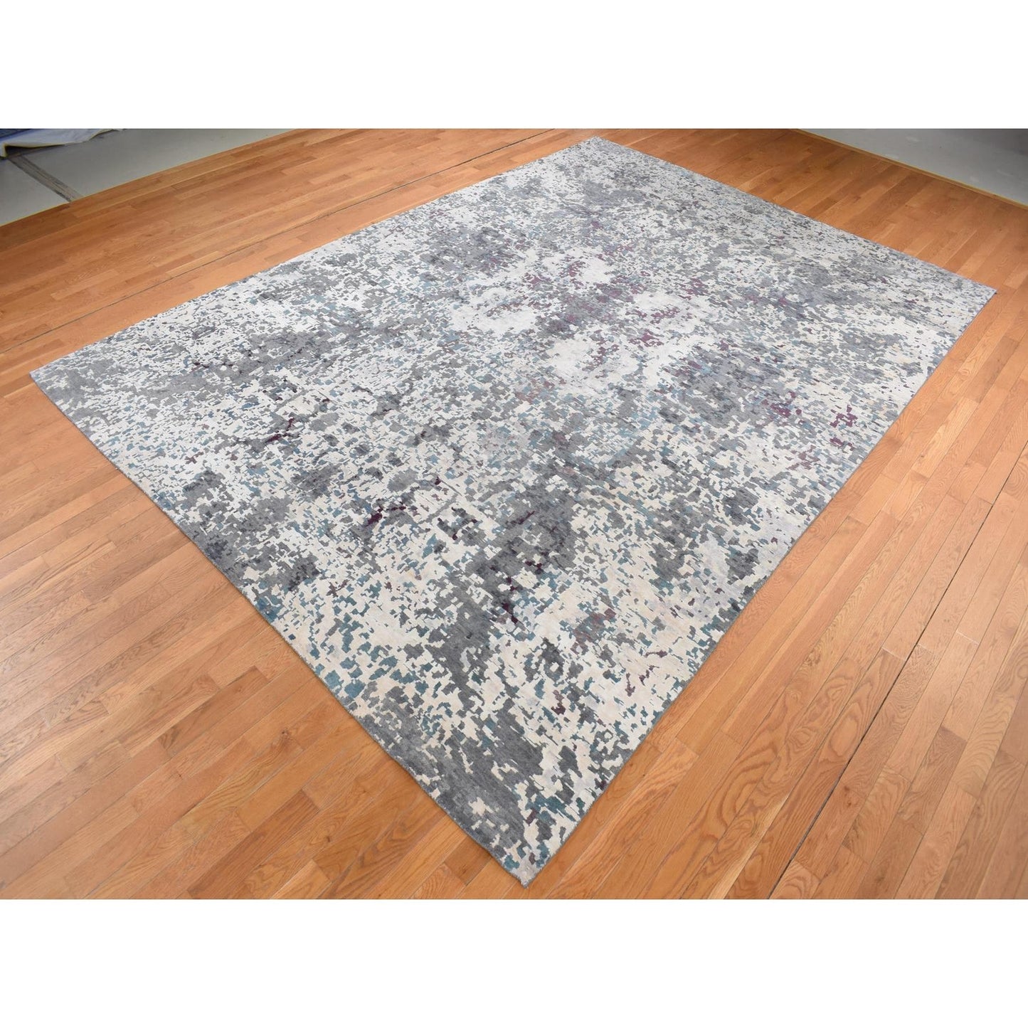 9'10''X13'7'' Gray Modern Abstract Design Hand Knotted Wool And Silk Rug
