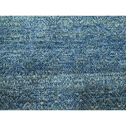 9'X12'1" Yale Blue Geometric Diamond Design Pure Wool Hand Knotted Rug