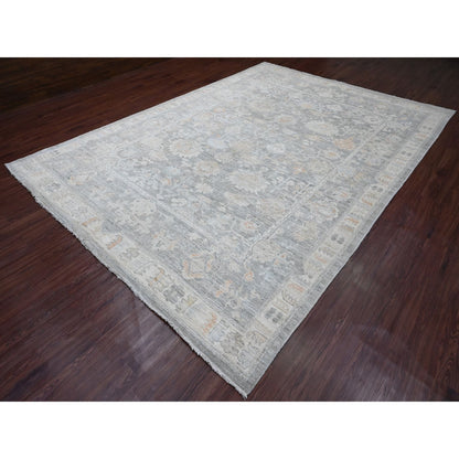 9'X12'6" Gray Afghan Angora Oushak Leaf Design 100% Wool Hand Knotted Rug