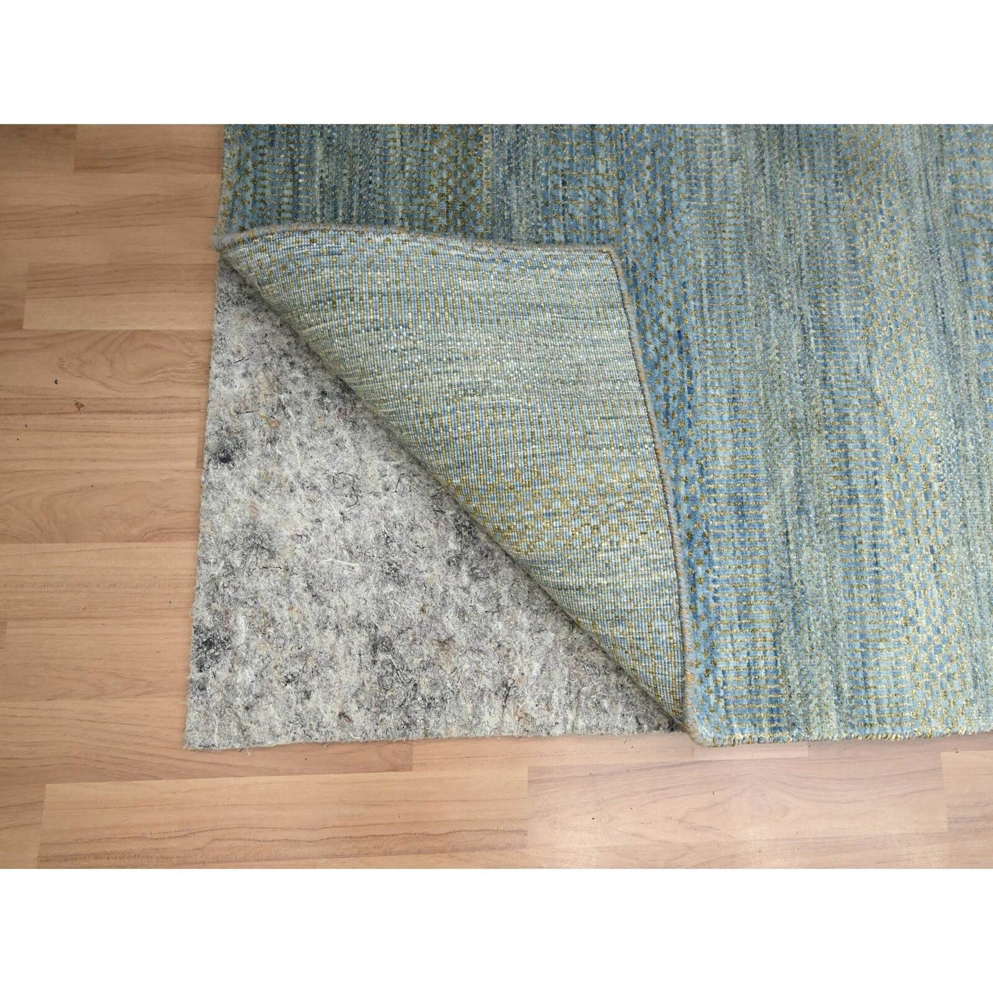 2'7"X12'3" Ensign Blue Wool And Silk Grass Design Hand Knotted Runner Rug
