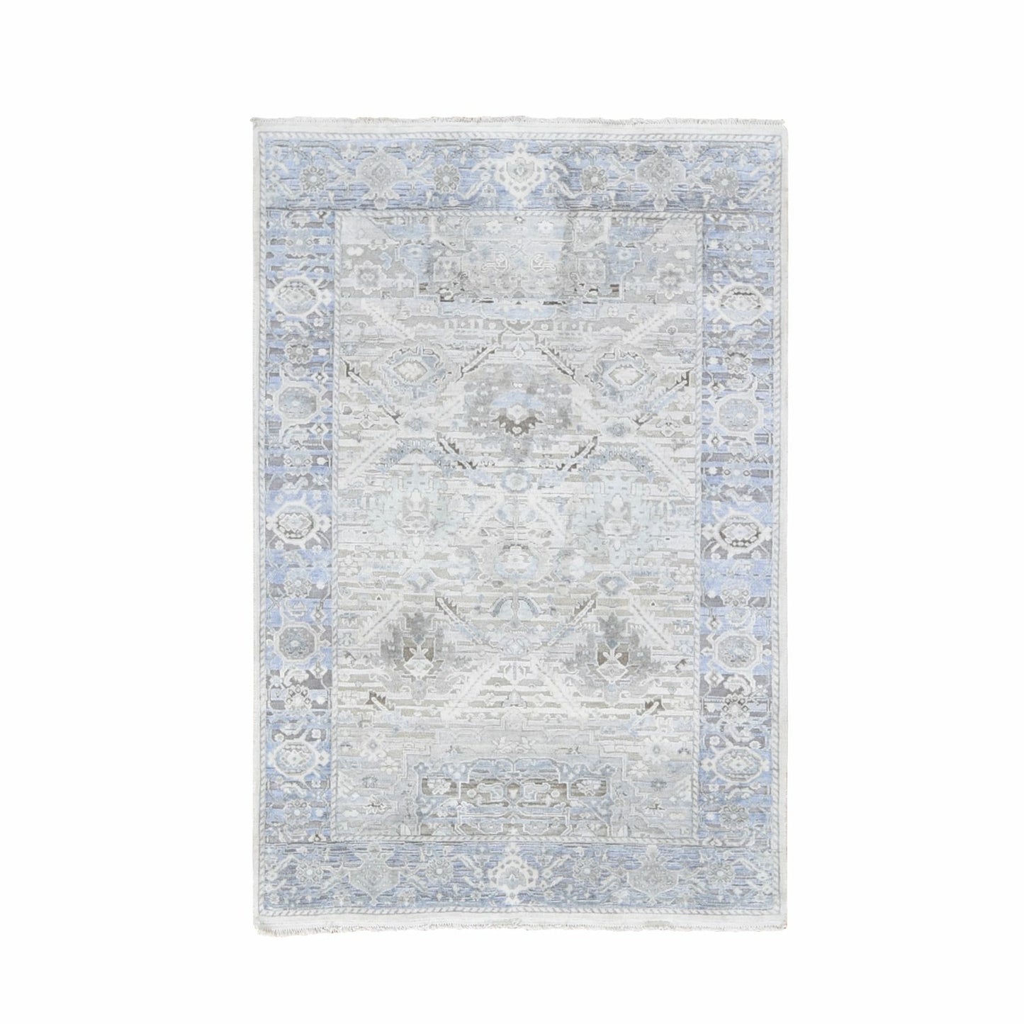 4'X6'2" Gray Pure Silk & Textured Wool Oushak Geometric Motif Rug