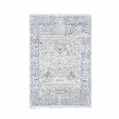 4'X6'2" Gray Pure Silk & Textured Wool Oushak Geometric Motif Rug